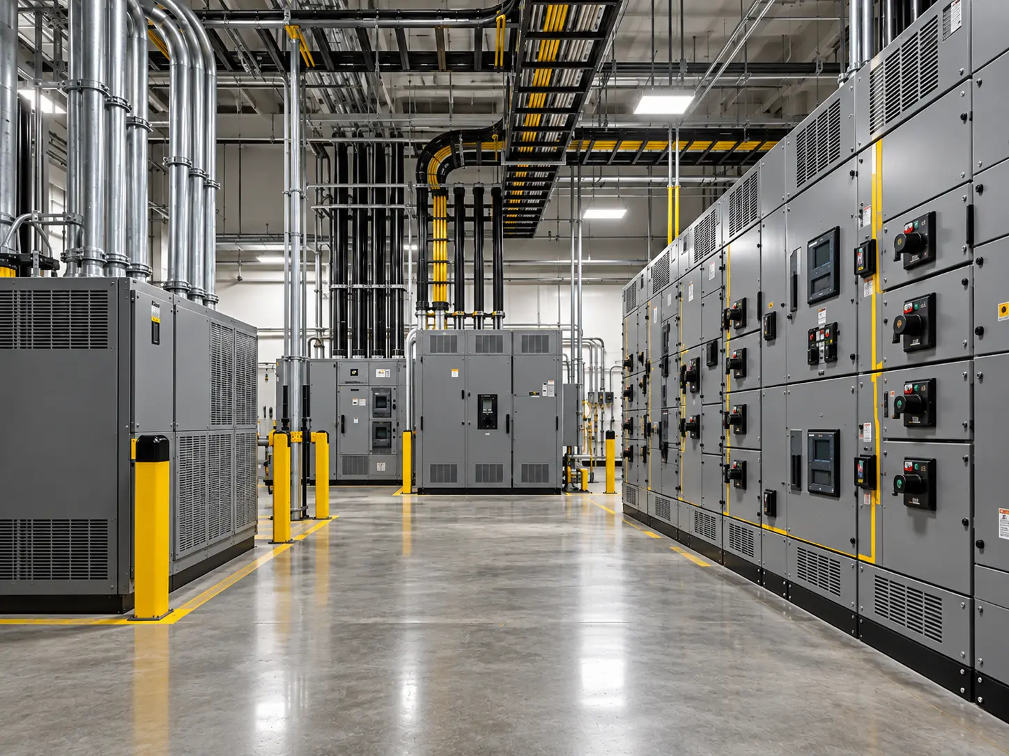 Illustration of switchgear cabinets and overhead electrical raceways