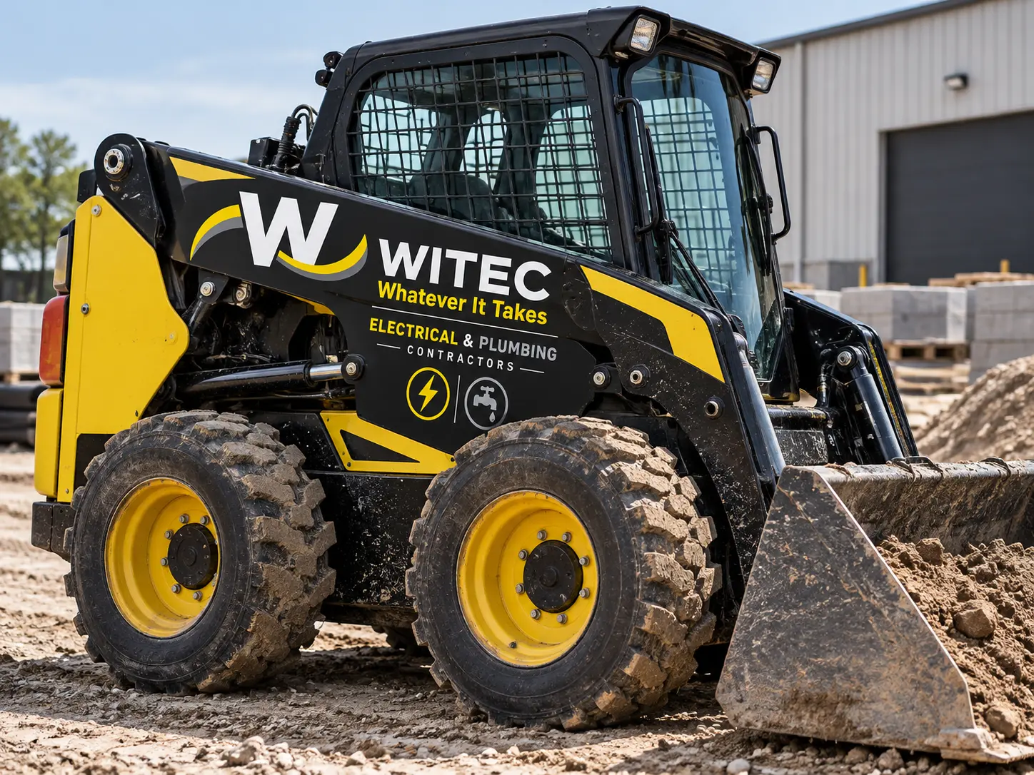 WITEC-branded skid-steer loader with its bucket resting on a dirt contractor yard