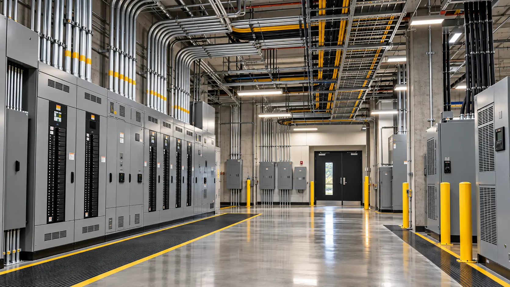Illustration of an electrical distribution room with panel lineups and overhead raceways
